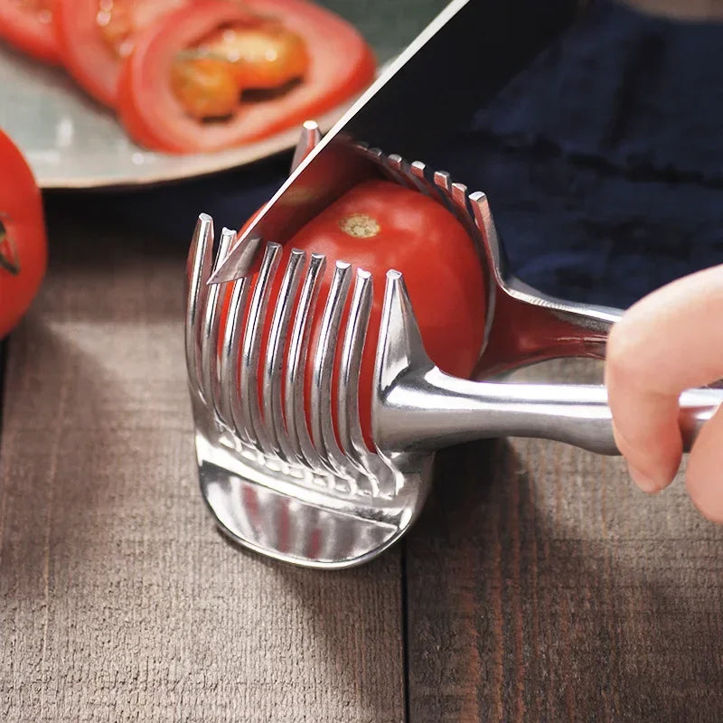 Stainless Steel Onion Holder and Vegetable Slicer - Safe and Efficient Cooking Tool for Potatoes, Tomatoes, and More